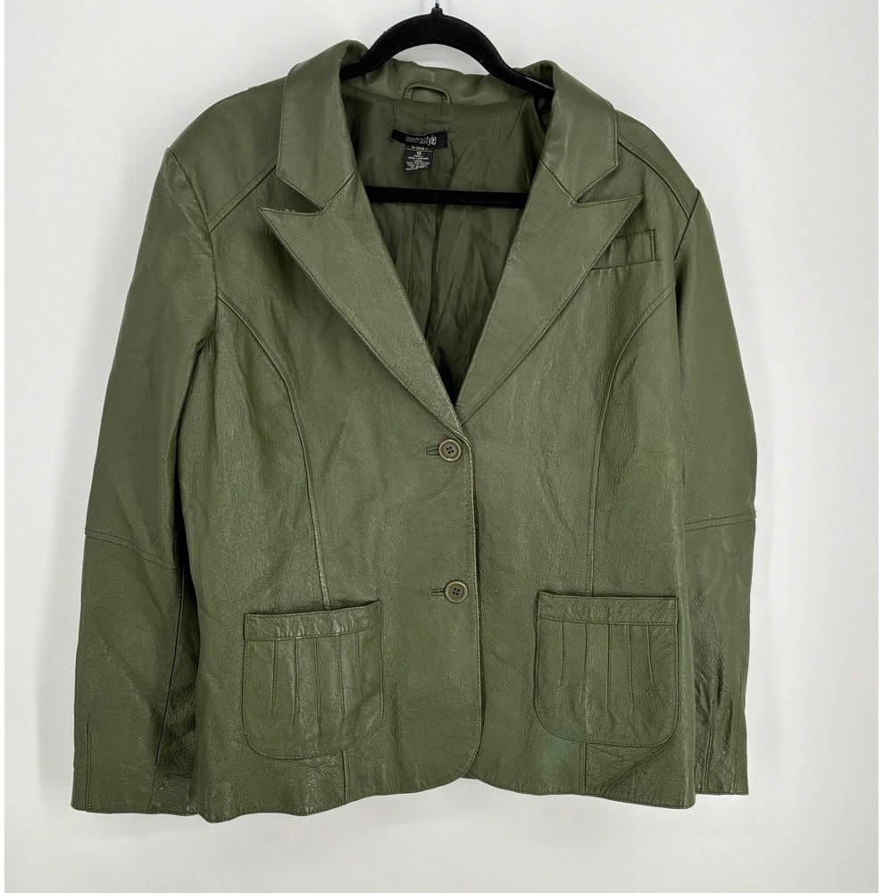 Metrostyle Womens Olive Green 100% Leather Blazer Jacket Size 18 Pleated Pockets